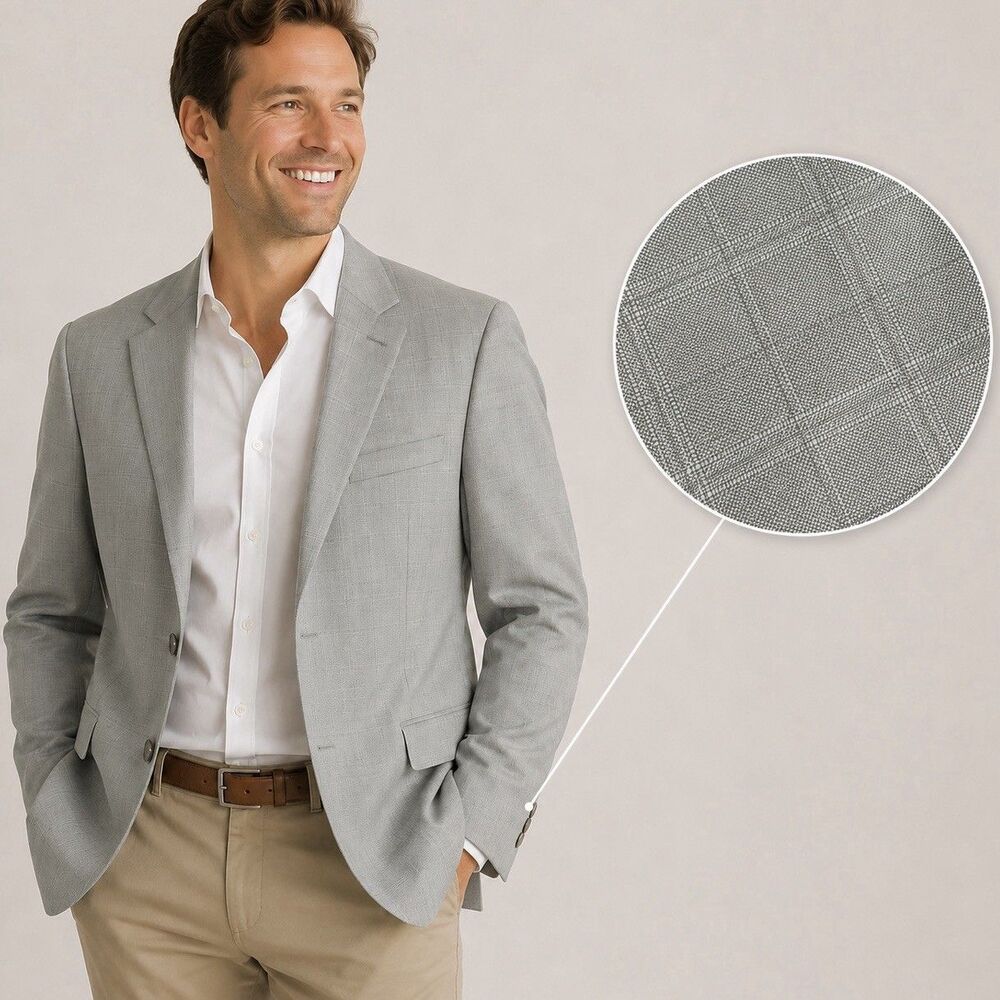 Saddlebred Mens 48R Light Gray Windowpane Plaid Blazer Sport Coat 2 Button